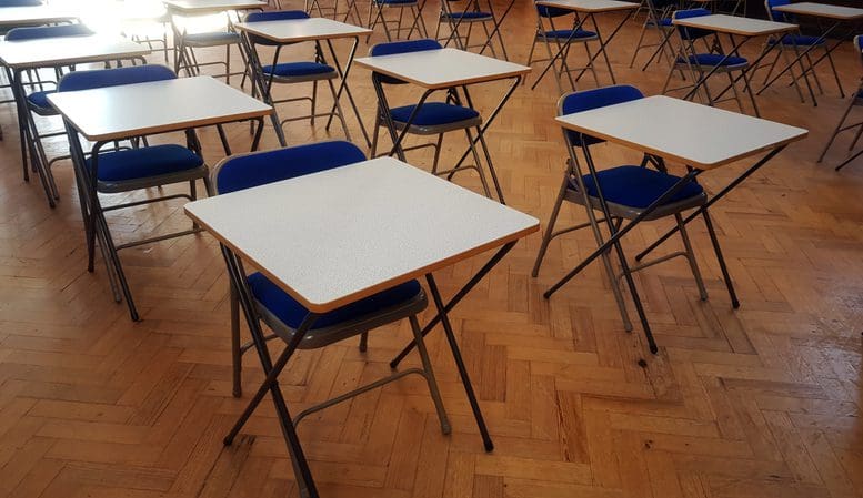 Exam desks in a hall