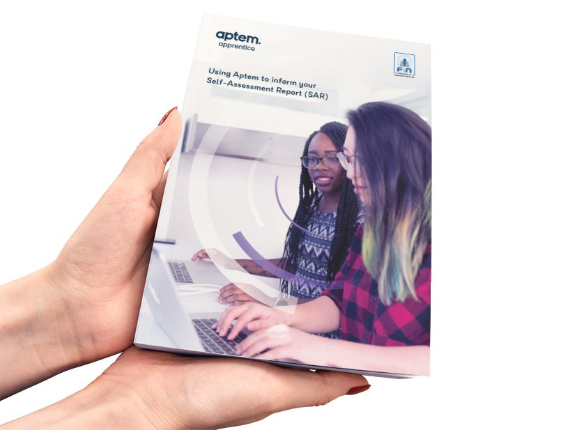 female hands holding Aptem self assessment report book