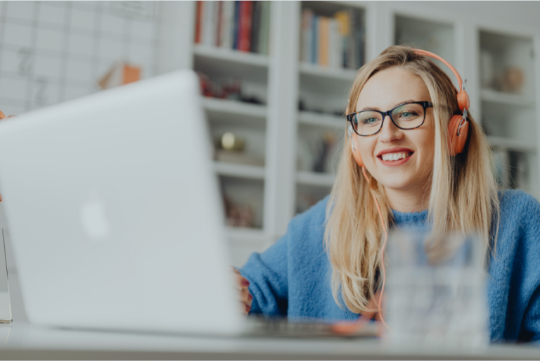 A women listening to a webinar