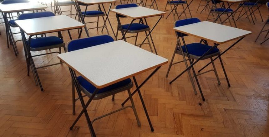 Exam desks in a hall